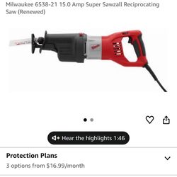 Milwaukee 6538-21 15.0 Amp Super Sawzall Reciprocating Saw (Renewed) 凸