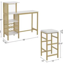 🥨3Pcs  Counter Height Dining Set Bar Table and Chairs Set for 2 with Cup Holder & Wine Rack, PU Leather Cushion Stools, Brown/Gold