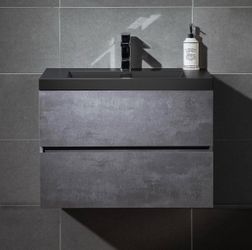 WOODBRIDGE 30 in. W x 19 in. D Wall Mounted Floating Bathroom Vanity in Gray with Quartz Sand Composite Vanity Top in Matte Black