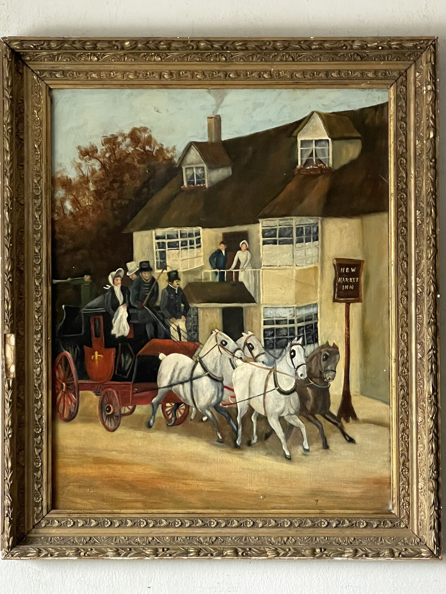 FINE 19TH CENTURY ANTIQUE OLD ENGLISH HORSE CARRIAGE IMPRESSIONIST OIL PAINTING
