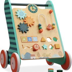 Tiny Stars Wooden Baby Walker with Wheels - Walk Around Baby Activity Center Analog Clock, Flip Blocks, Shape Sorter & More Toy