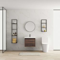 24" Floating Dark Walnut Bathroom Vanity with Resin Sink, and 2 Soft Close Doors