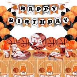 Basketball Party Supplies Paper Plates Napkins Cups Knives Forks Spoons with Balloons and Banner for Kids and Adult Birthday Party March Madness Party