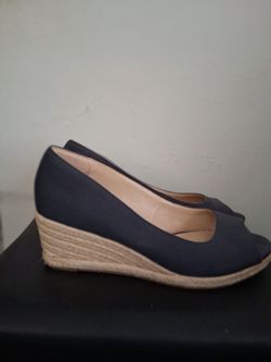 Navy Blue Peep-Toe Espadrille Wedge Heels