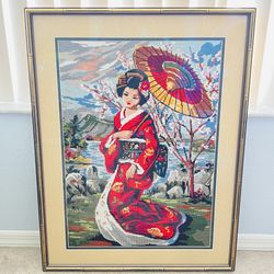 Vintage Geisha Japanese Lady Needlepoint Embroidery Large Framed 