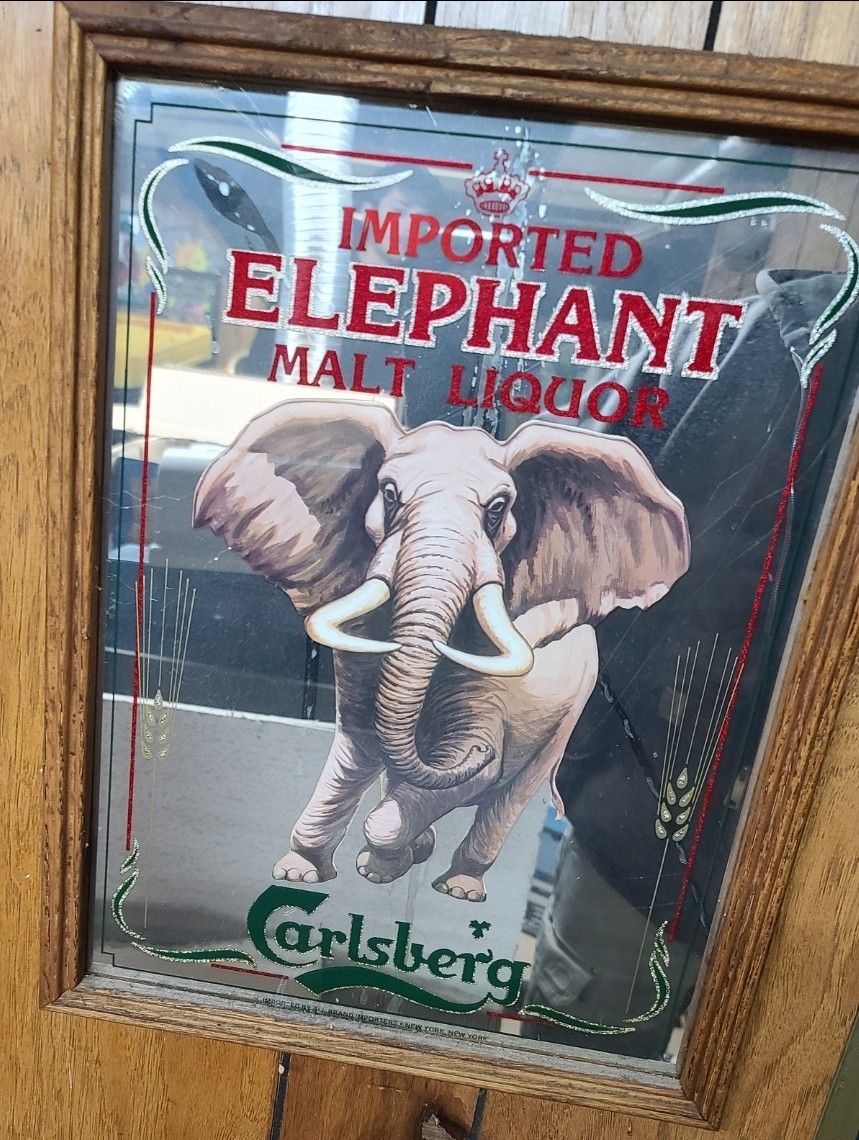 VINTAGE CARLSBERG BEER MIRRORED SIGN - ELEPHANT MALT LIQUOR MIRROR, IMPORTED

