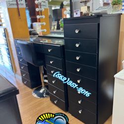 New Black Vanity With LED Lights And Black Eight Drawer Dresser With Diamond Knobs Bundle Set 