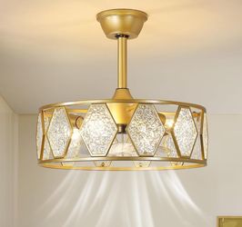 Gold Ceiling Fan with Light and Remote, 19 Inch Modern Fandelier Ceiling Fan with Brushless DC Motor, Semi Flush Mount Drum Ceiling Fan with 6 Speeds