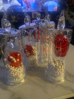 Glass Candle Jar Decor with Rose and Beads – Set of 4