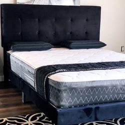 Queen Black Velvet Bed Plus Queen Plush Mattress (Free Delivery )