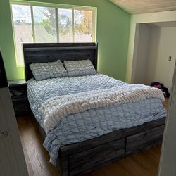 Like new! Queen Bed Frame- 6 Storage Drawers and LED lights, PLUS Night Stand