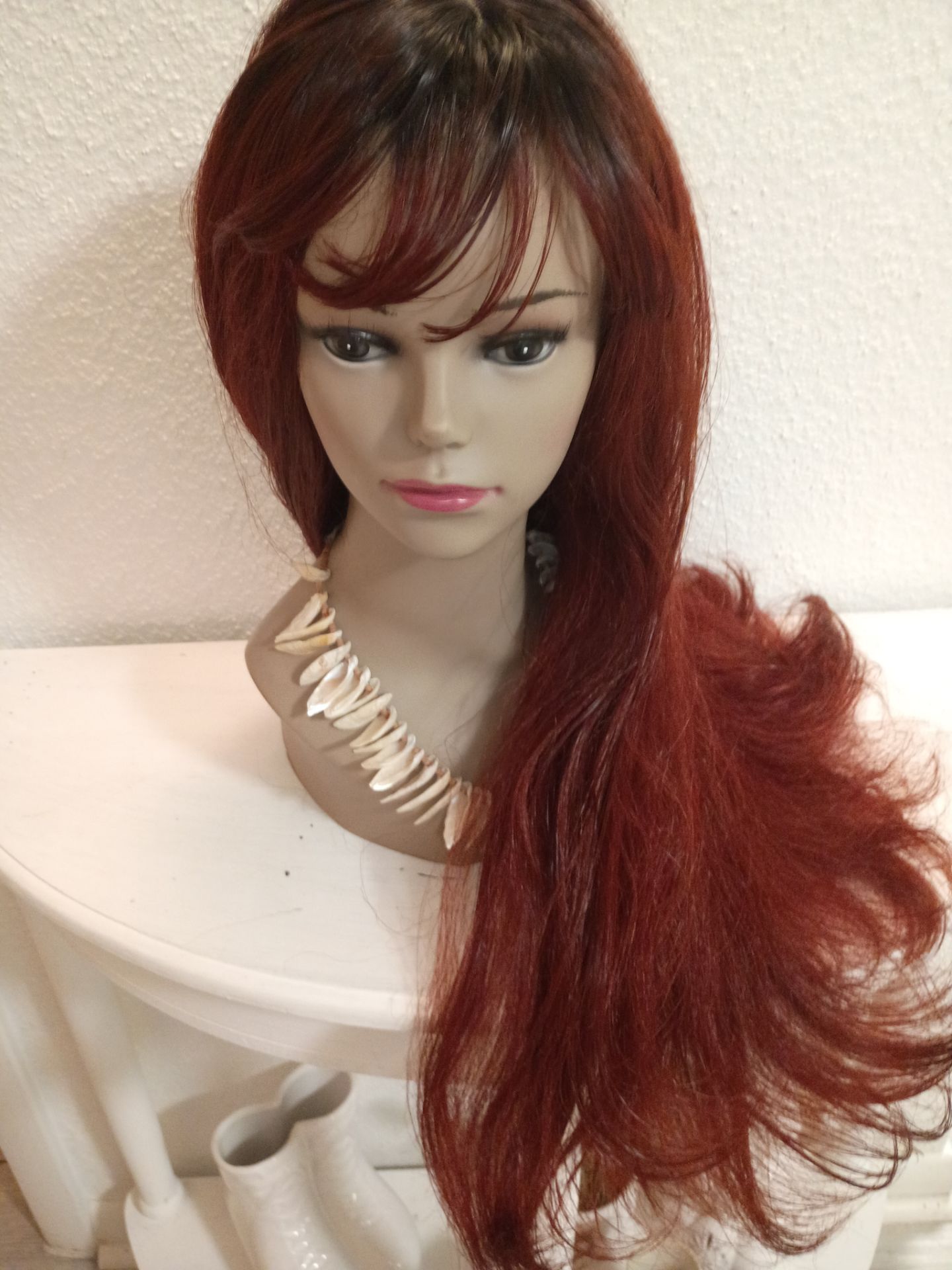 Human hair mix red long with bangs stylish
