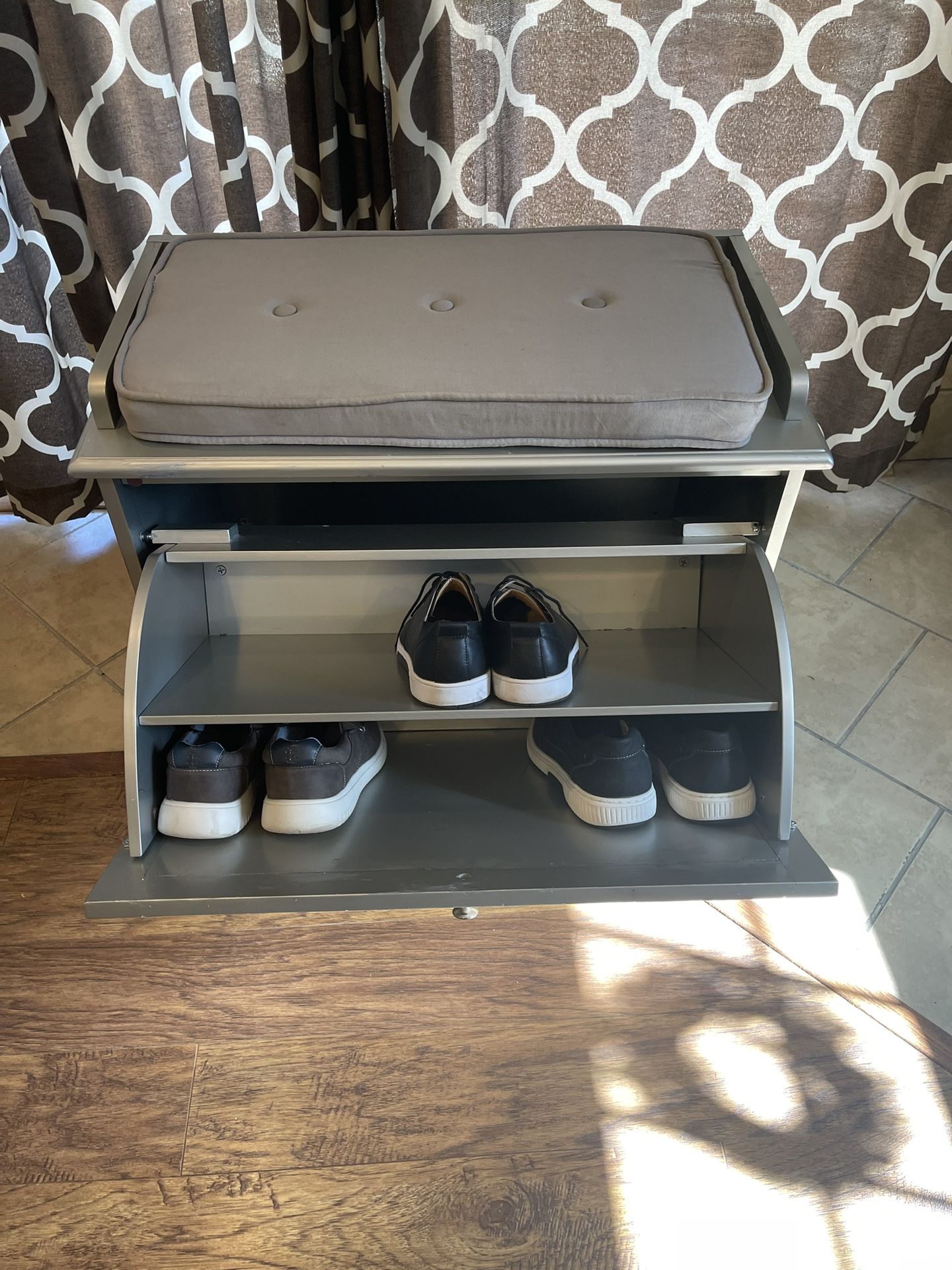 GREY WOOD AND MIRROR SHOE ORGANIZER AND STORAGE