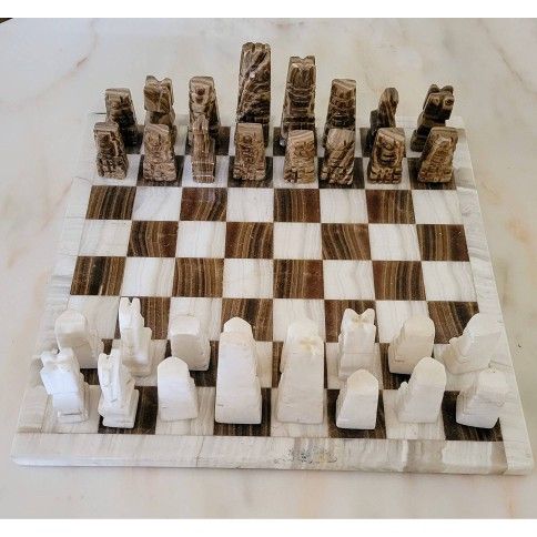 Carved Tan & White Onyx Aztec Marble Chess Set 14"
