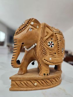 Hand Carved Wooden Elephant Figurine Inlaid Decorative Saddle Bells 5.5"