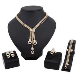 Rhinestone Necklace Bracelet Earrings Ring Jewelry Set-New
