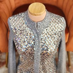 Luxury IISLI Designer Grey Cashmere and Sequin Cardigan Sweater! NEW!