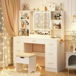 47" Large Vanity Desk with LED Lighted Mirror & Power Outlet & 7 Drawers, Makeup Vanity Table Set with Storage Stool and Hair Dryer Rack, White