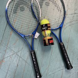 Two Head Tennis Rackets, Blue And One Balls 
