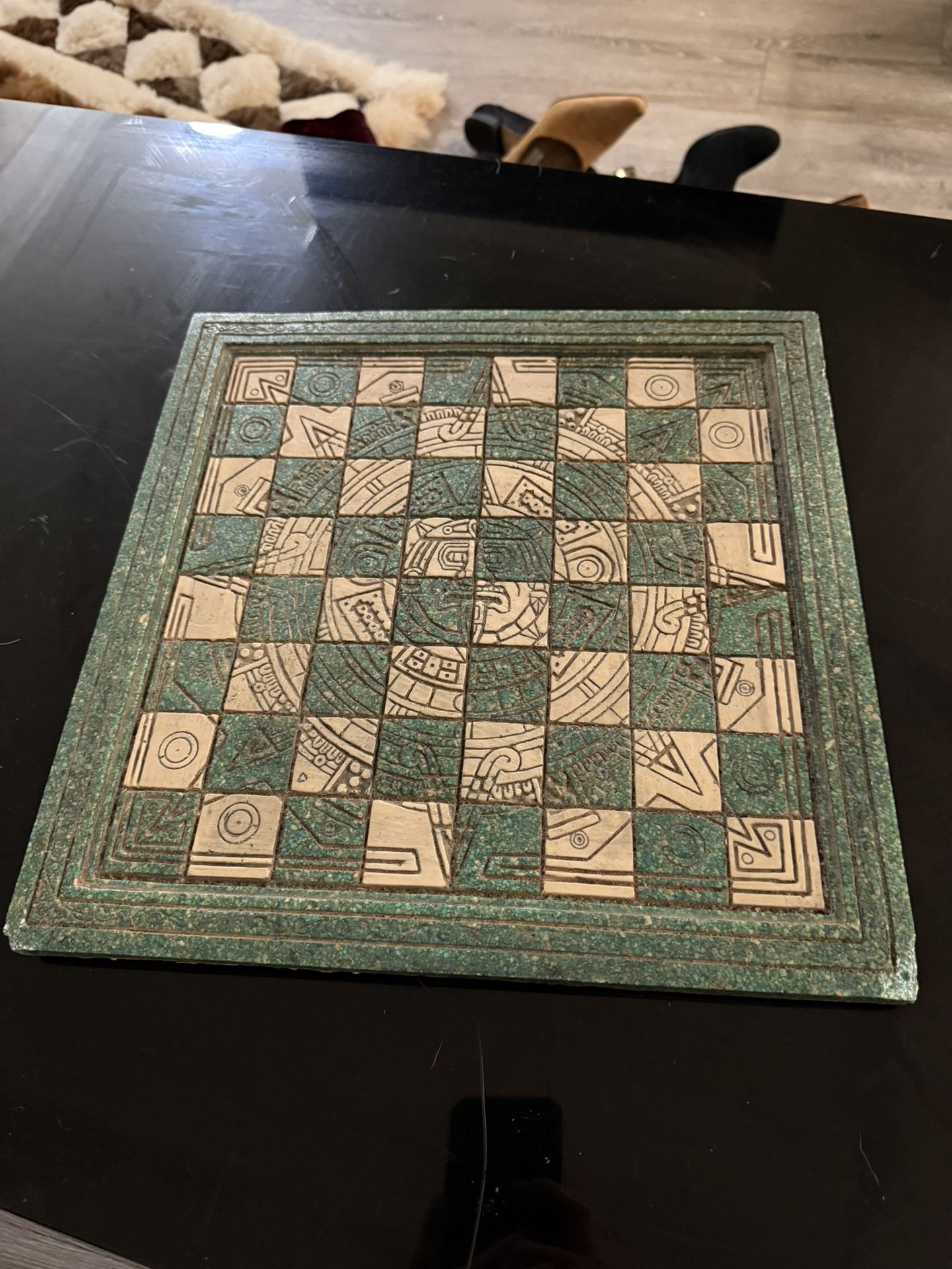 VTG Hand Carved Stone Mexican Folk Art Chess Board green Aztec