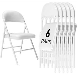 6 Pack White Folding Chairs with Padded Cushion and Back for Outside Portable Stackable Commercial Foldable Chairs with Steel Frame
