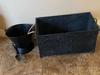 Wood box for fireplace ash bucket with scoop