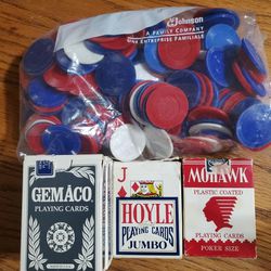 6 Packs Of Playing Cards + Bag Of Poker Chips