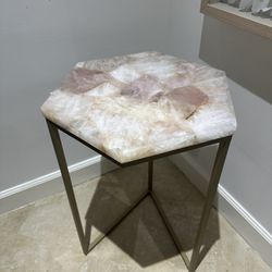 Rose Quartz Natural Stone And Brass Leg Hexagon Side End Table  