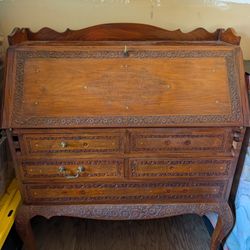 Victorian Parlour Secretary Desk Cherry Wood Brass Inlay