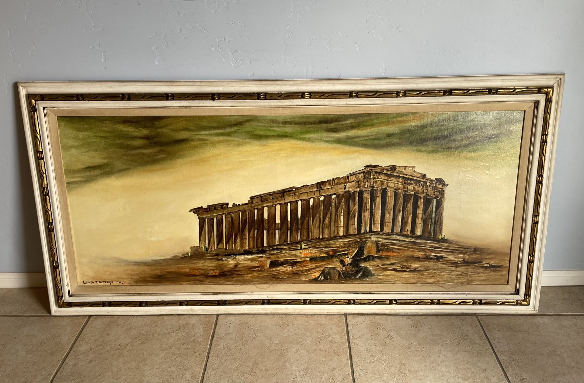 Athenas Parthenon Large Canvas Oil Painting Signed Alfredo D Flores 1968