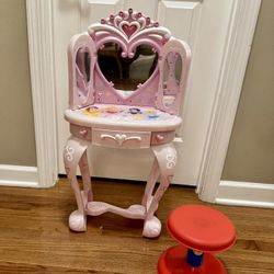 Little Girls Kids Disney Princess Vanity Makeup Table With Mirror, Storage, Magical Lights And Sounds