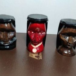 HAND CARVED WOOD FACE FIGURINES SET OF 3 - 3.5" ×2" - M94