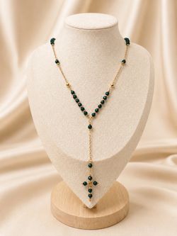 Green Beaded Rosary Cross Pendant Necklace