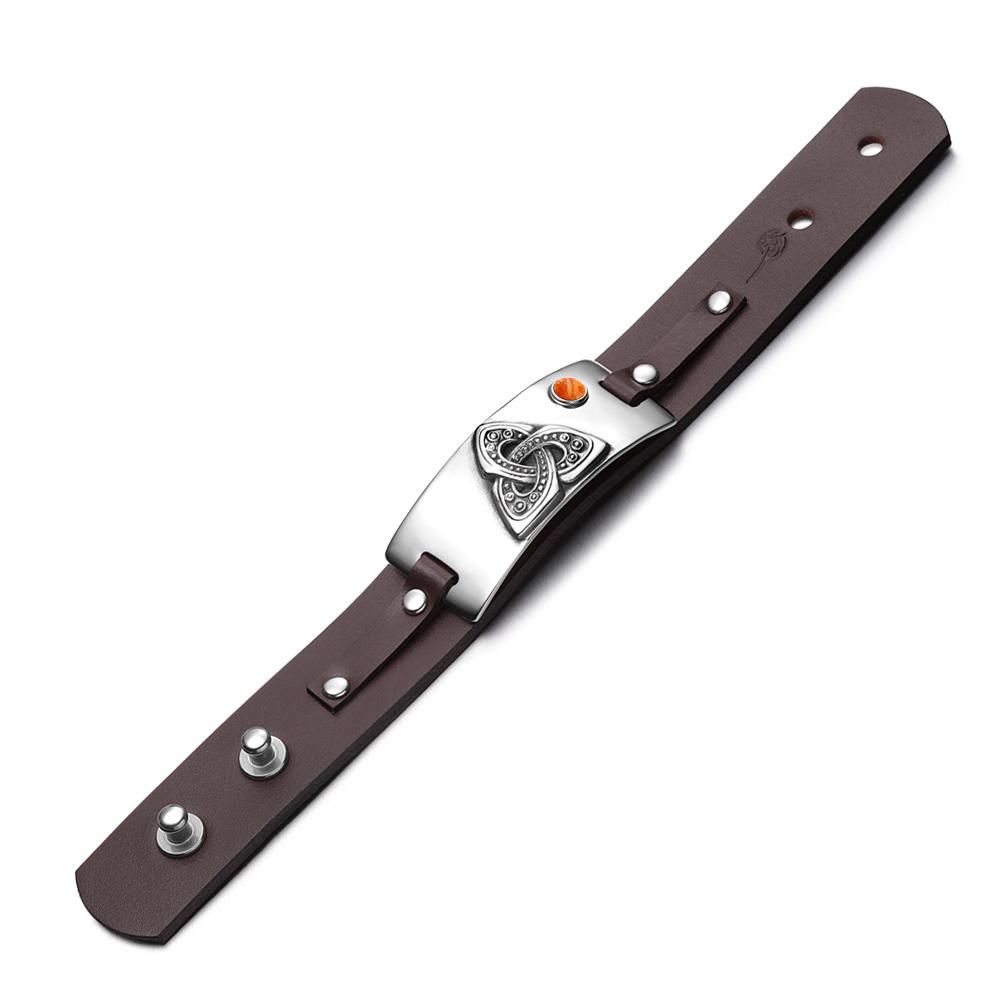 Celtic Triquetra Knot Powers Amulet Tag Red Jasper Gemstone Adjustable Dark Brown Leather Bracelet