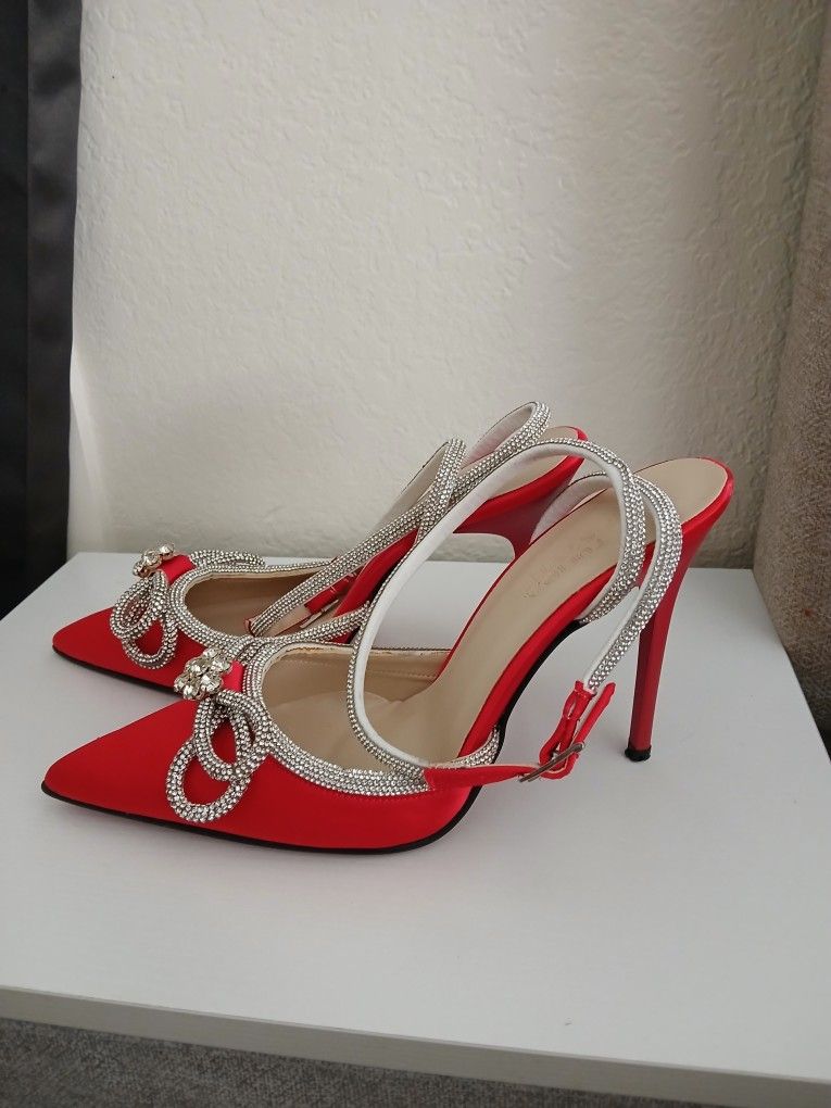 Red Heels With Stones Bow Size 9