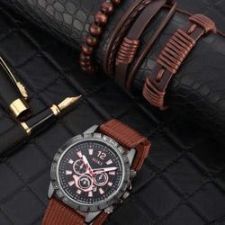 SOKI 1Set And Unique, Fashionable And Casual, With Calendar Function, Digital Round Dial, Nylon Strap Quartz Watch And Leather Cord Set-Perfect