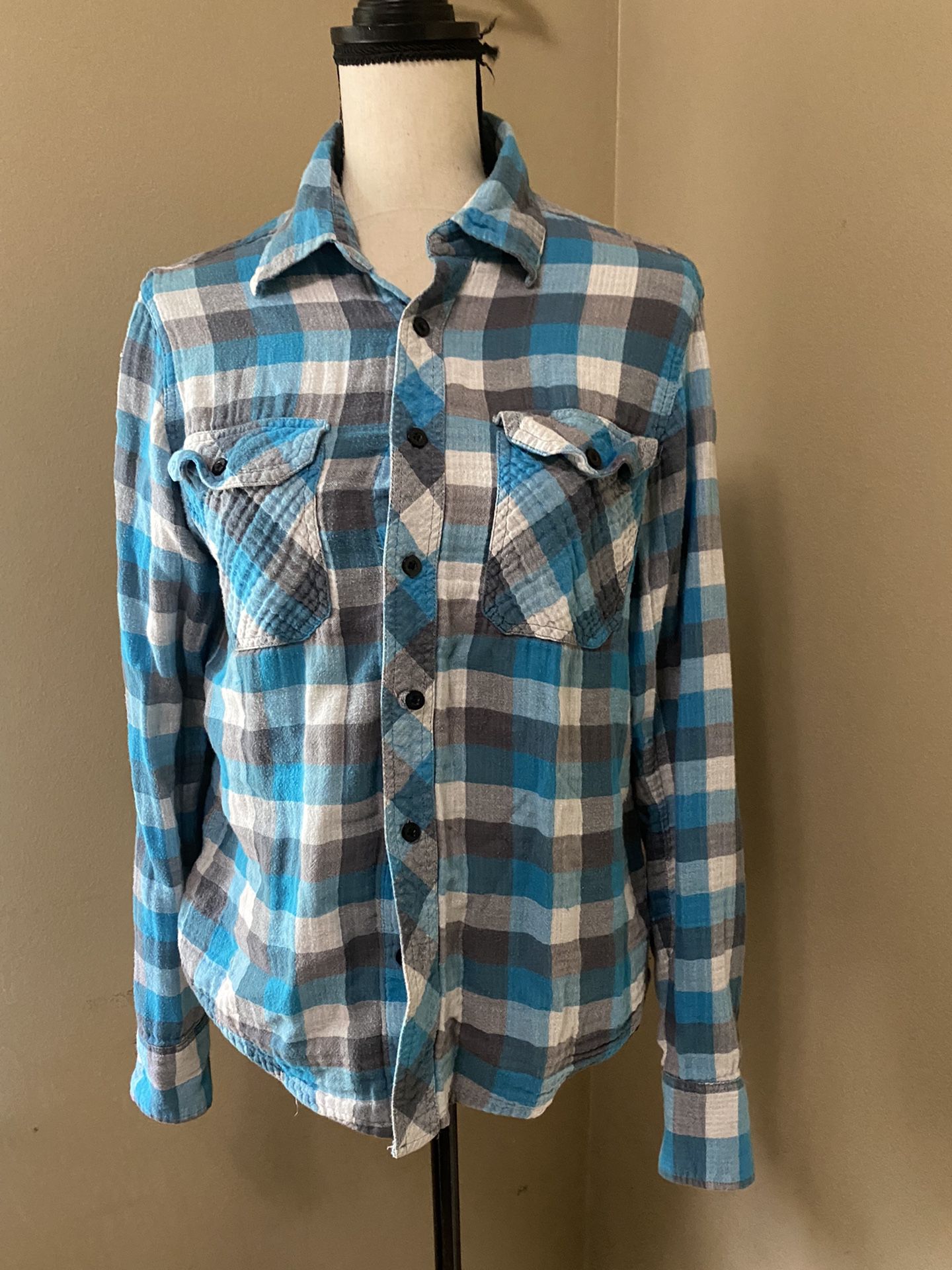Eighty Eight Turquoise Gray Plaid Button Front Roll Tab Sleeve Shirt Men's S