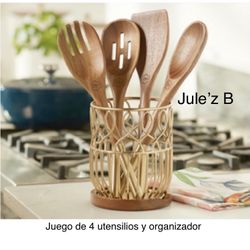 Princess House Juego De 4 Utensilios De Madera Y De Acero Inoxidable Y Organizador Nuevos En Sus Cajas 
