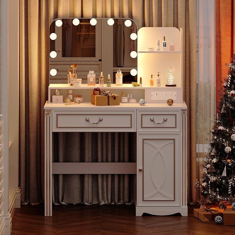 Vanity Desk with Lighted Mirror, 39.4 inch Vintage Makeup Table with Power Outlet, Bedroom Small Vanity, Dressing Table with Adjustable Lights & 2 Dra
