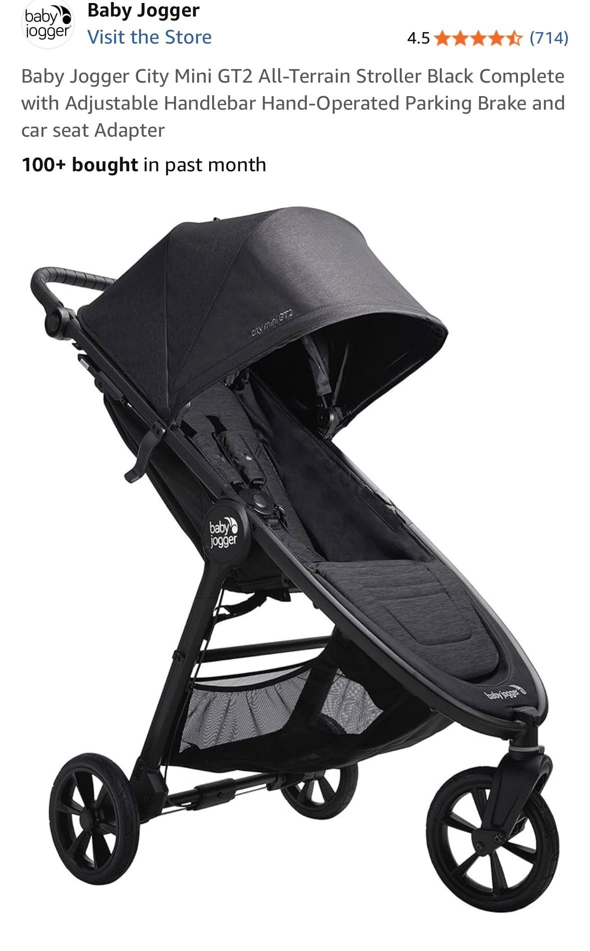 Baby Jogger City Mini GT2 All-Terrain Stroller Black Complete with Adjustable Handlebar Hand-Operated Parking Brake and car seat Adapter