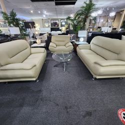 Brand New Cream Leather Modern Sofa + Loveseat + Chair 3PCs Set