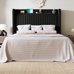 Full Size Platform Bed Frame with USB Charging Station and Storage Shelf/Upholstered Velvet Wingback Headboard/Wooden Slats Support/No Box Spring Need