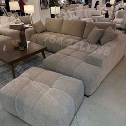 Beige Linen Sofa Sectional With Ottoman