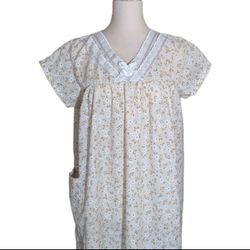 Vintage Women's Brown Beige Cream Floral Nightgown Nightie House Dress Size Medium Cotton