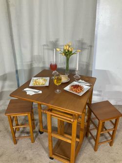 Drop Leaf Space Saver Breakfast Bar with 2 Pull Out Stools