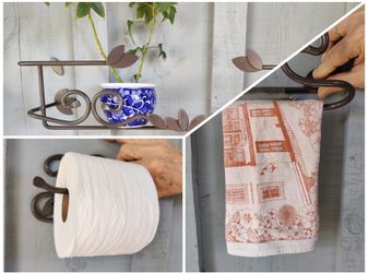 Grey Metal Floral Design Shelf/Planter Matching Towel & Toilet Paper Holder