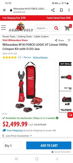 Milwaukee M18 FORCE LOGIC 6T Linear Utility Crimper Kit with O-D3 Jaw