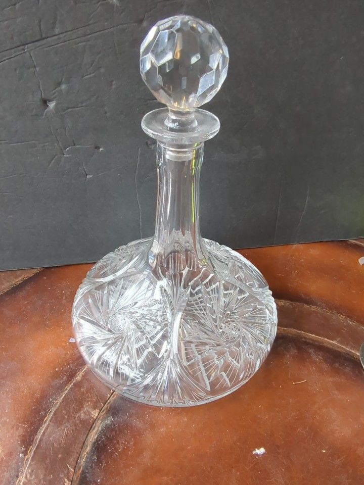 Antique Wheel Cut Crystal Ships Decanter Bottle