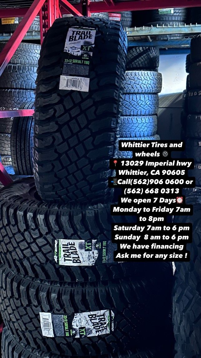 SET OF NEW TIRES 33X12.50R18 ATURRO XT , INCLUDING MOUNTING AND BALANCING. ASK ME FOR ANY SIZE OR BRAND, WE HAVE THE BEST PRICES OF CALIFORNIA