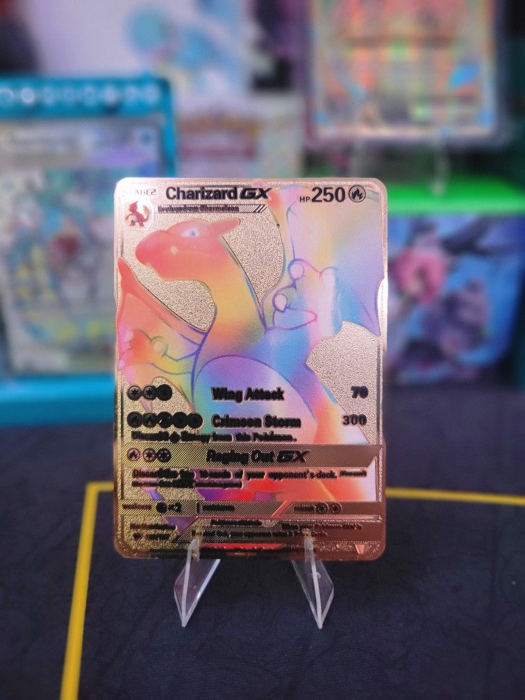 Gold Metal Pokemon Charizard GX Rainbow Gold Foil Fan Art Card 150/147